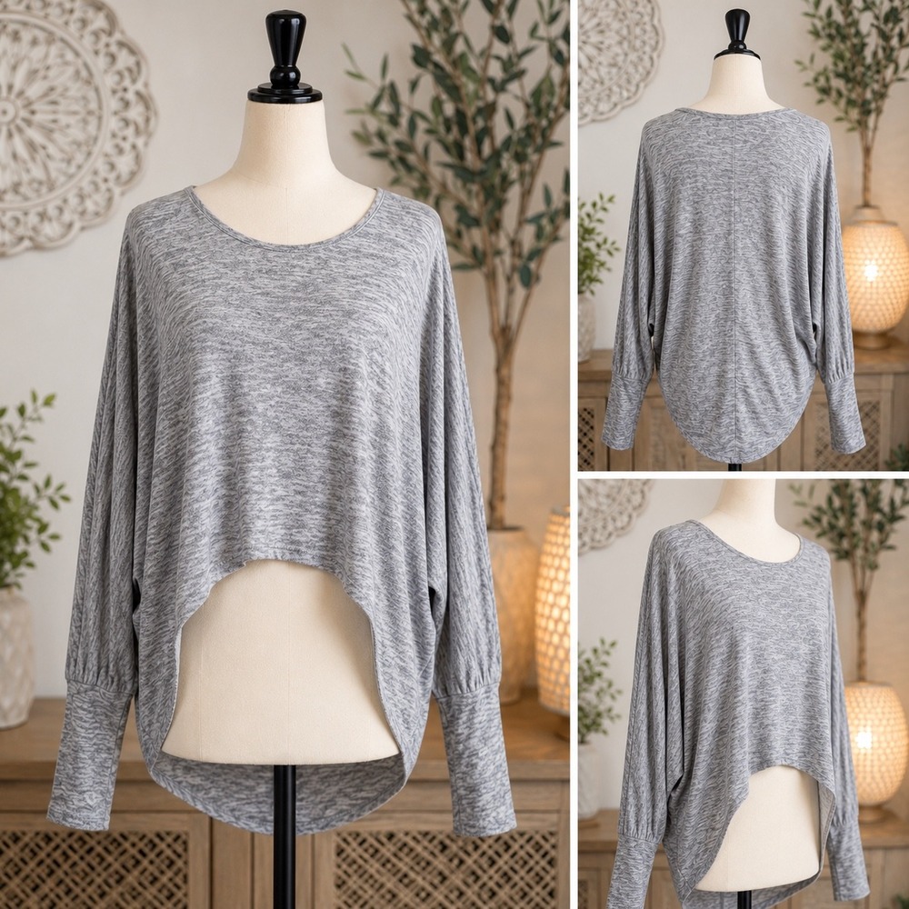 Umgee USA Heathered Grey Dolman Sleeve High Low Knit Top Small